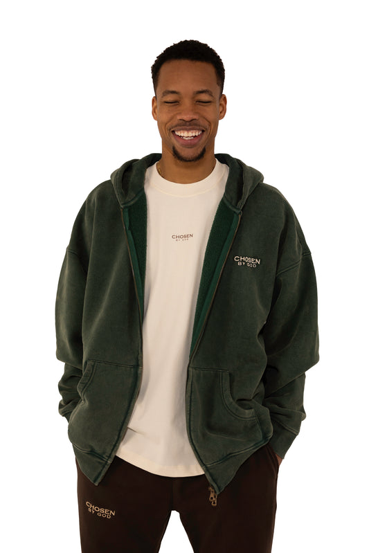 ZIP UP HOODIE WASHED  - GREEN